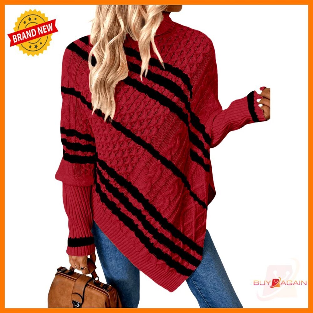 Asymmetrical Turtleneck Poncho Sweater Cable Knit Drop Shoulder Casual Pullover